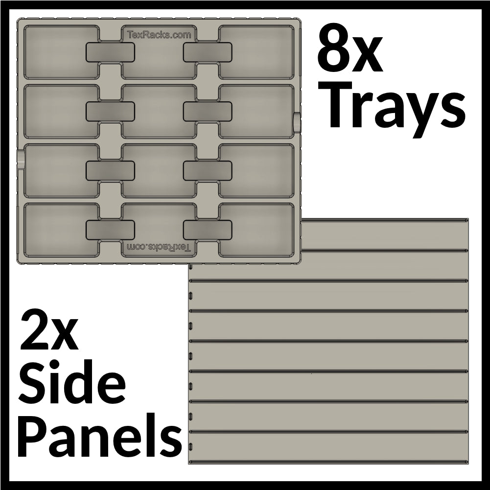 8 IKEA® shelf compatible trays, 12 compartments each, specifically designed for trading cards, both sleeved and unsleved