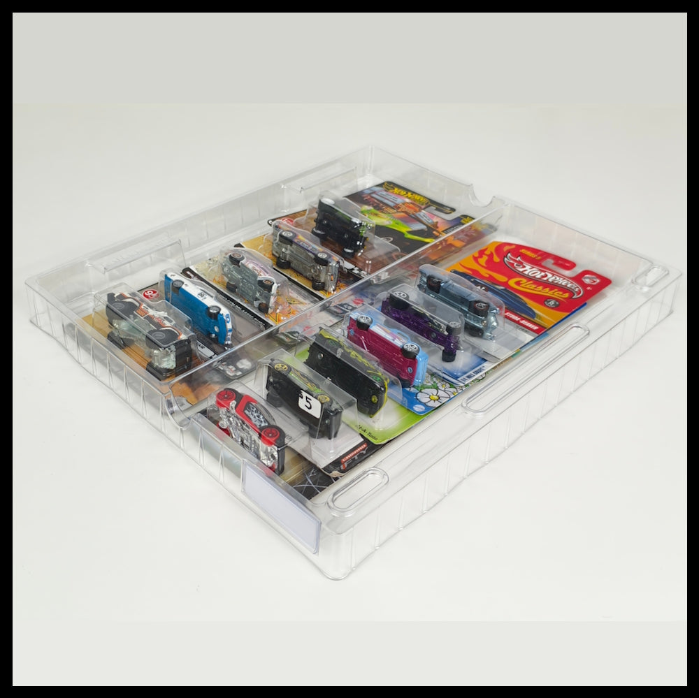 8 stackable trays with 2 compartments each, for carded Hot Wheels® (Main line and Premium)