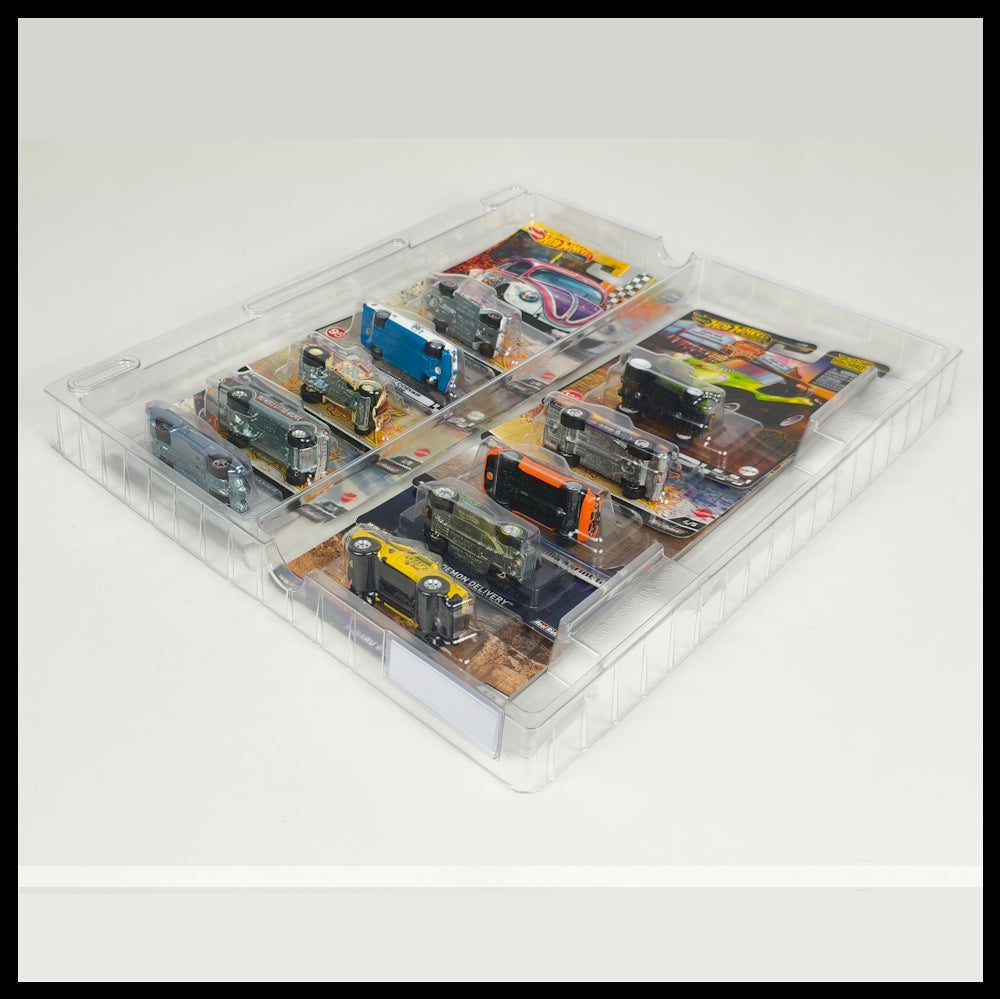 8 stackable trays with 2 compartments each, for carded Hot Wheels® (Main line and Premium)