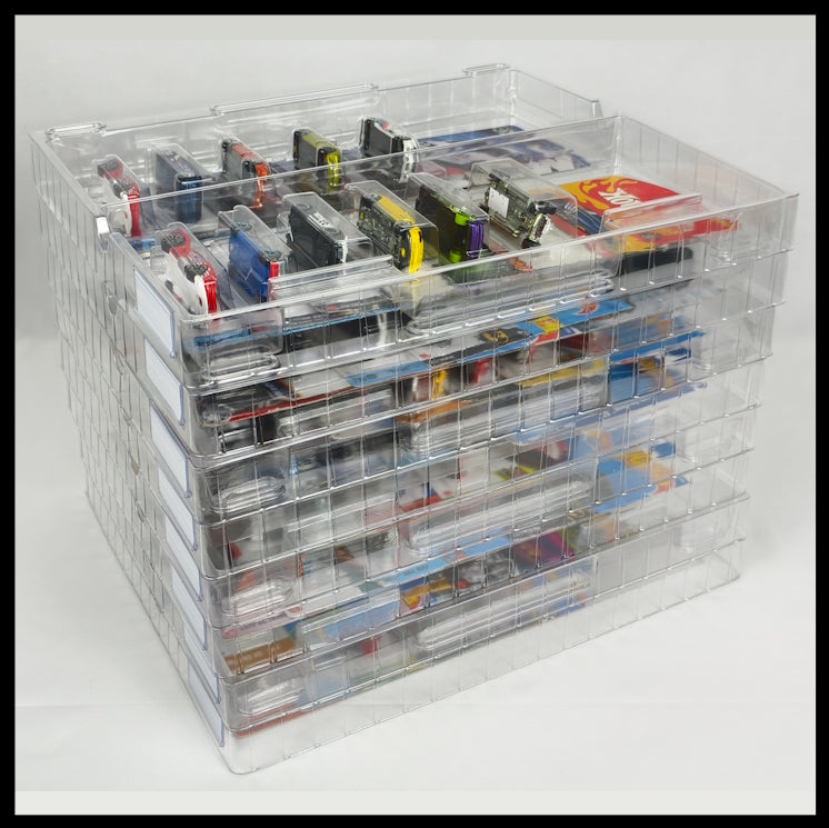 8 stackable trays with 2 compartments each, for carded Hot Wheels® (Main line and Premium)