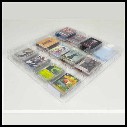 8 stackable trays with 12 compartments each, specifically designed for trading cards, both sleeved and unsleved