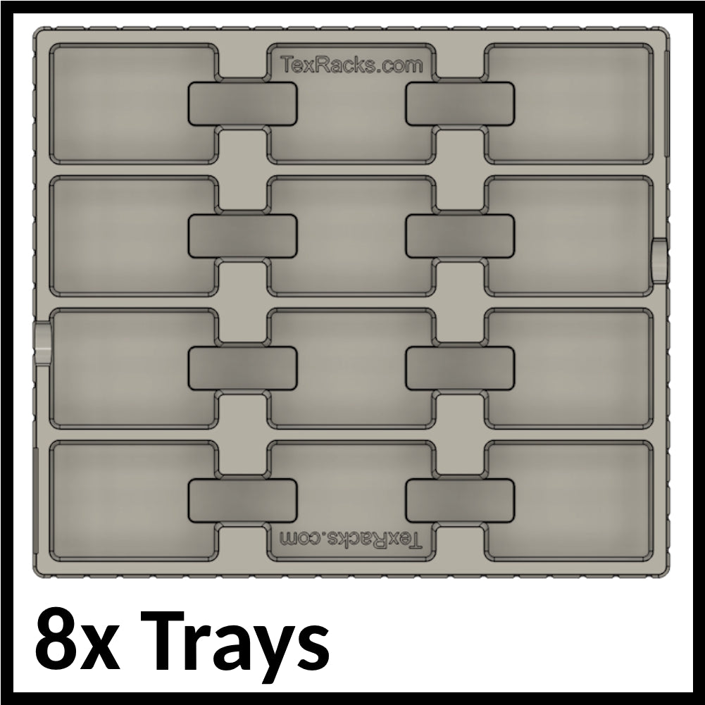 8 stackable trays with 12 compartments each, specifically designed for trading cards, both sleeved and unsleved
