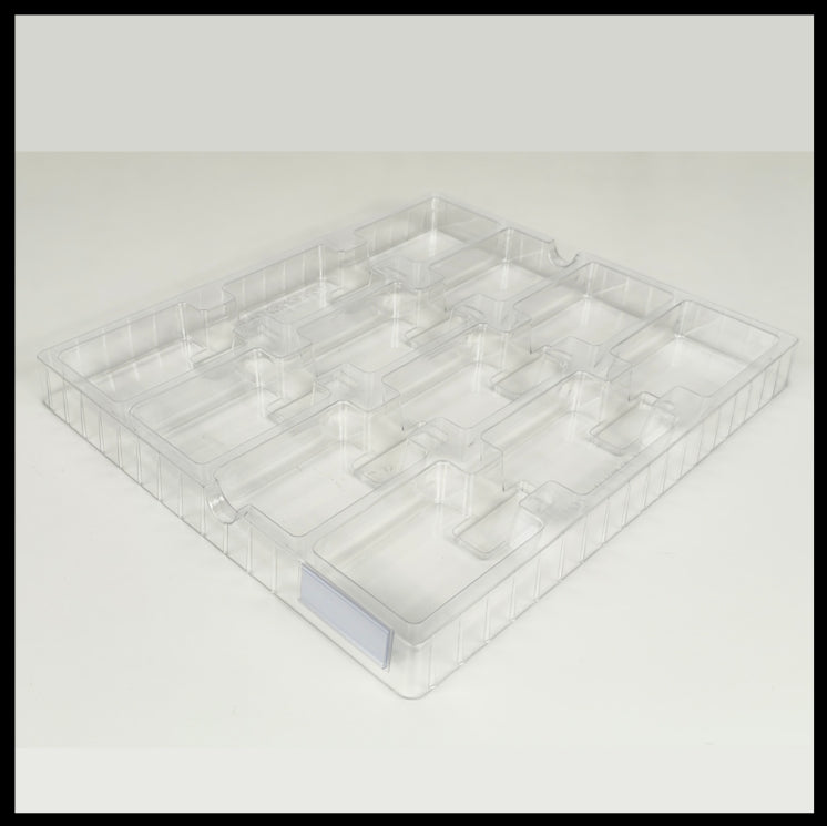 8 stackable trays with 12 compartments each, specifically designed for trading cards, both sleeved and unsleved