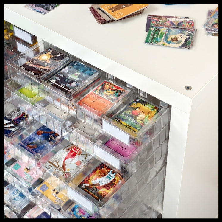 8 IKEA® shelf compatible  trays, 12 compartments each, specifically designed for trading cards, both sleeved and unsleved