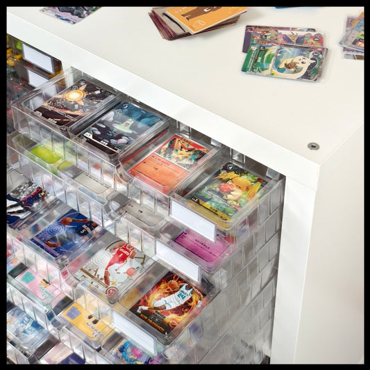 8 IKEA® shelf compatible  trays, 12 compartments each, specifically designed for trading cards, both sleeved and unsleved